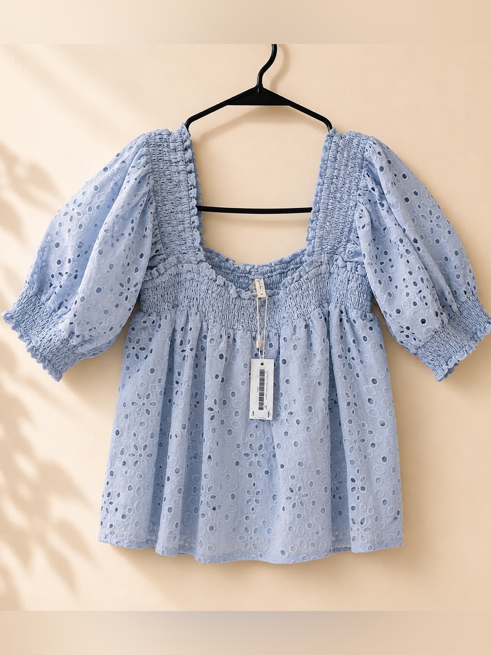 Rylee + Cru Light Blue Eyelet Puff Sleeve Smocked Top NWT Size M